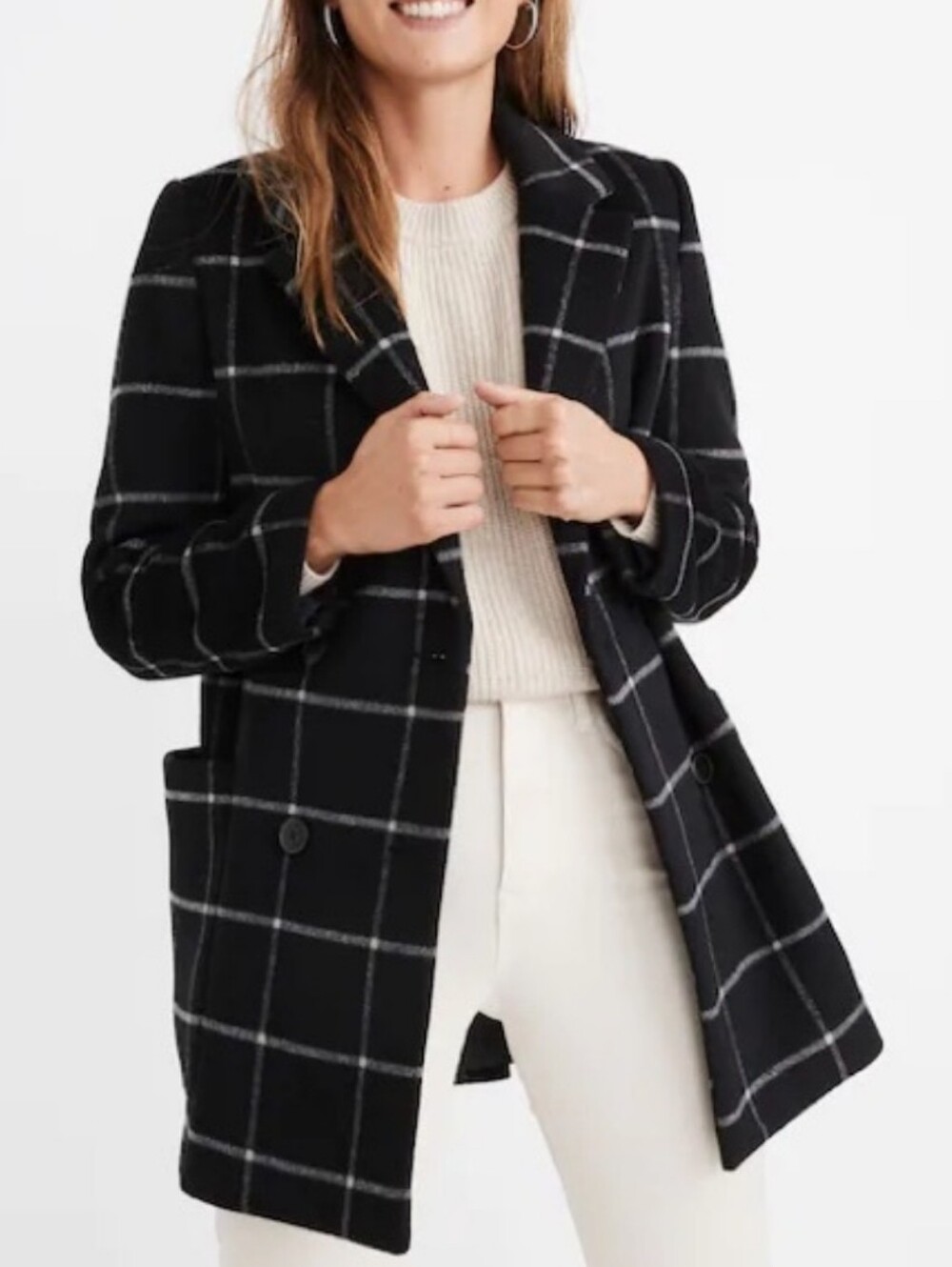 MADEWELL Hollis Double-Breasted Coat in Windowpane Black White Sz XS